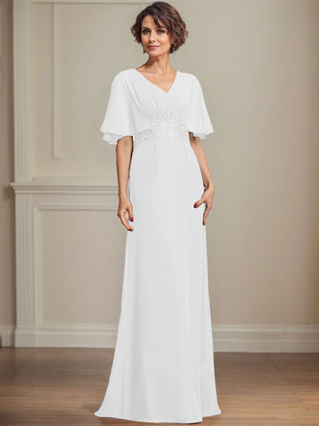 A-line V-Neck Floor-Length Chiffon Mother of the Bride Dress With Pleated Sequins Appliques Lace