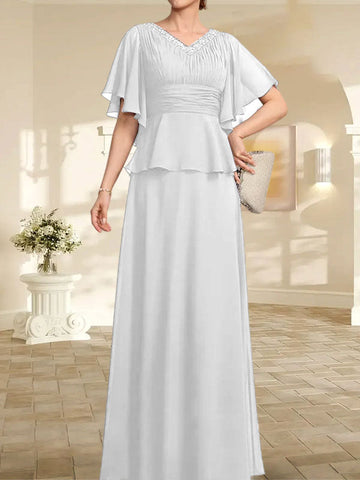 A-line V-Neck Floor-Length Chiffon Mother of the Bride Dress With Pleated Beading