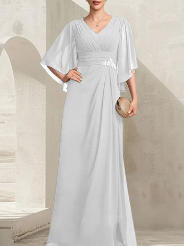 Sheath/Column V-Neck Floor-Length Chiffon Mother of the Bride Dress With Pleated Sequins Beading