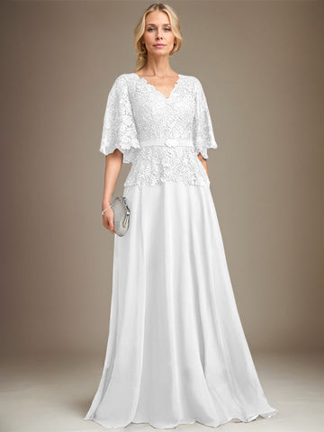 A-line V-Neck Floor-Length Chiffon Lace Mother of the Bride Dress With Crystal Brooch Rhinestone