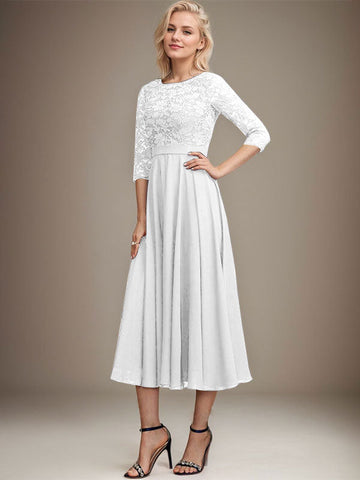 A-line Scoop Tea-Length Lace Chiffon Mother of the Bride Dress With Sequins
