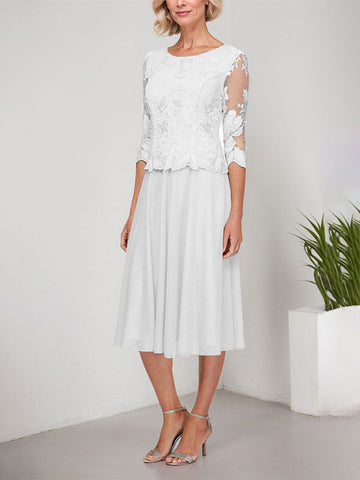 A-line Scoop Tea-Length Lace Chiffon Mother of the Bride Dress With Embroidery