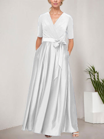 Surplice Neckline Ballgown with Full Satin Skirt & Jersey Bodice