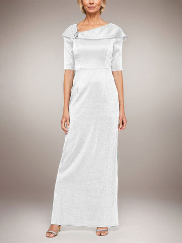 Long Shimmer Column Dress with Foldover Cuff L-Neckline and Elbow Sleeves