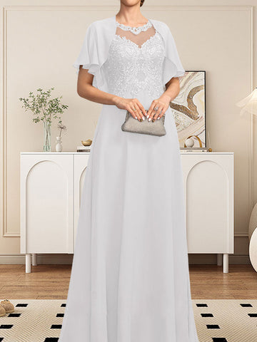 A-line Scoop Illusion Floor-Length Lace Chiffon Mother of the Bride Dress With Sequins