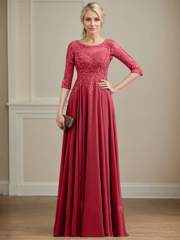 A-line Scoop Illusion Floor-Length Lace Chiffon Mother of the Bride Dress With Sequins