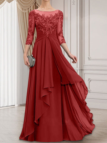 A-line Scoop Illusion Floor-Length Lace Chiffon Mother of the Bride Dress With Cascading Ruffles