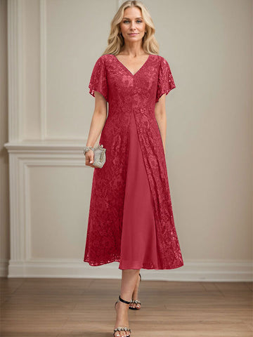 A-line V-Neck Tea-Length Lace Chiffon Mother of the Bride Dress