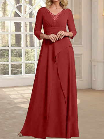 A-line V-Neck Floor-Length Chiffon Mother of the Bride Dress With Pleated Beading