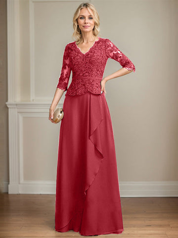 A-line V-Neck Floor-Length Lace Chiffon Mother of the Bride Dress With Cascading Ruffles Sequins