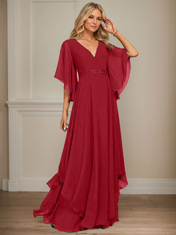 A-line V-Neck Floor-Length Chiffon Mother of the Bride Dress With Sequins Appliques Lace Beading