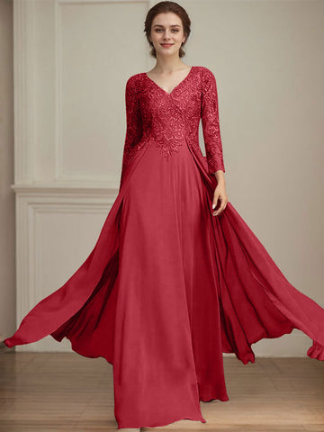 A-line V-Neck Floor-Length Lace Chiffon Mother of the Bride Dress With Sequins