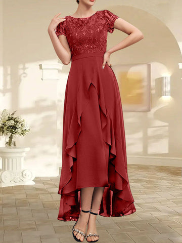 A-line Scoop Illusion Asymmetrical Chiffon Lace Mother of the Bride Dress With Bow Ruffle Sequins