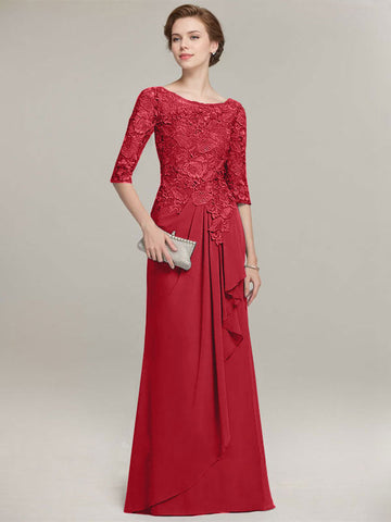 A-line Scoop Illusion Floor-Length Lace Chiffon Mother of the Bride Dress With Cascading Ruffles