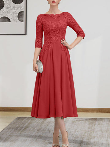 A-line Scoop Illusion Tea-Length Chiffon Lace Mother of the Bride Dress With Beading Sequins