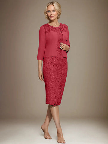 Sheath/Column Scoop Knee-Length Chiffon Lace Mother of the Bride Dress With Beading