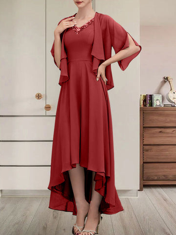 A-line V-Neck Asymmetrical Chiffon Mother of the Bride Dress With Beading Sequins