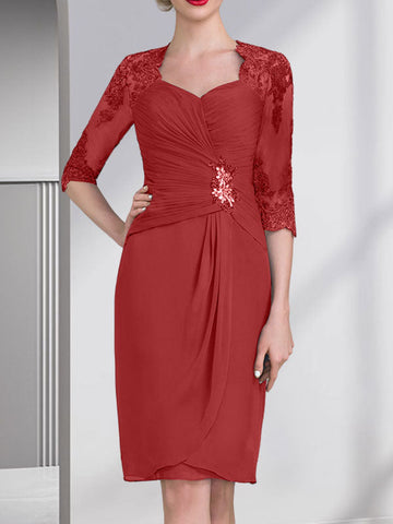 Sheath/Column Sweetheart Knee-Length Chiffon Mother of the Bride Dress With Beading Appliques Lace Sequins Pleated