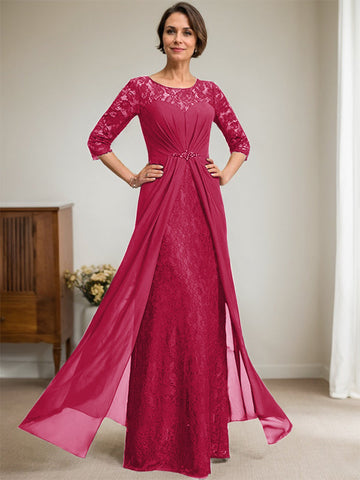 A-Line Scoop Illusion Floor-Length Lace Chiffon Mother Of the Bride Dress With Beading Ruffles