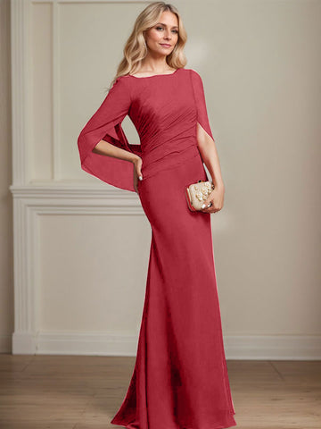 Trumpet/Mermaid Boat Neck Floor-Length Chiffon Mother of the Bride Dress With Pleated