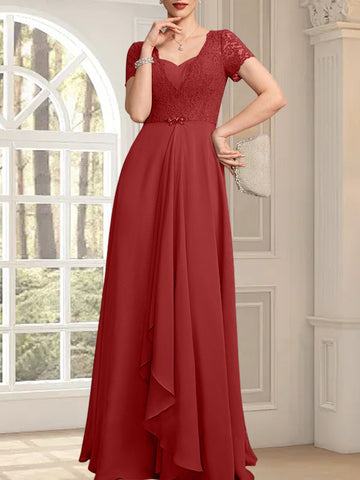 A-line Sweetheart Floor-Length Chiffon Lace Mother of the Bride Dress With Beading Cascading Ruffles