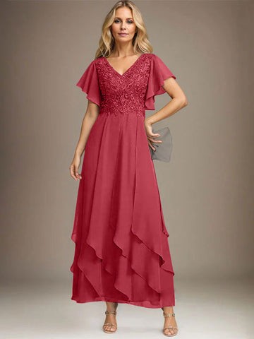 A-line V-Neck Ankle-Length Lace Chiffon Mother of the Bride Dress With Cascading Ruffles