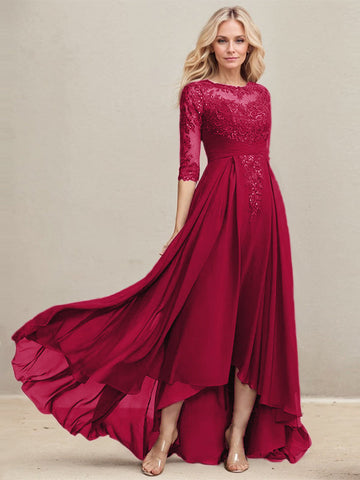 A-line Scoop Illusion Asymmetrical Lace Chiffon Mother of the Bride Dress With Pleated Sequins