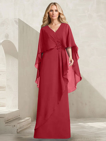 A-line V-Neck Floor-Length Chiffon Mother of the Bride Dress With Cascading Ruffles Beading