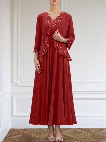 A-line V-Neck Ankle-Length Chiffon Mother of the Bride Dress With Sequins Appliques Lace Beading