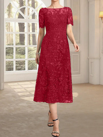 A-line Scoop Illusion Tea-Length Lace Mother of the Bride Dress With Sequins