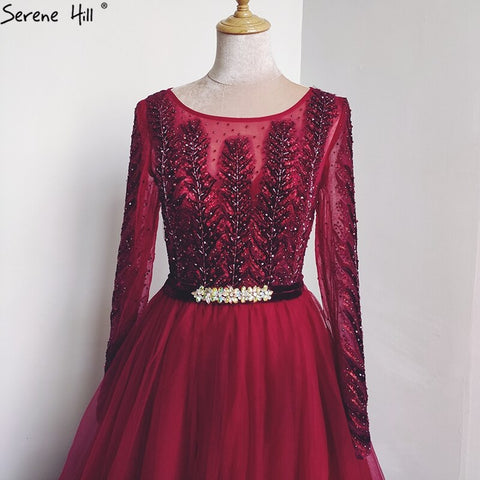 Wine Red A-Line Tulle Design Evening Dresses Long Sleeves Crystal Luxury Formal Dress 2025 LA70280