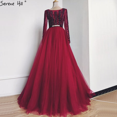 Wine Red A-Line Tulle Design Evening Dresses Long Sleeves Crystal Luxury Formal Dress 2025 LA70280