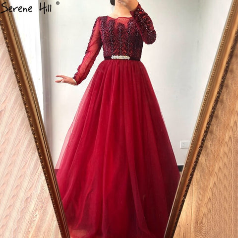 Wine Red A-Line Tulle Design Evening Dresses Long Sleeves Crystal Luxury Formal Dress 2025 LA70280