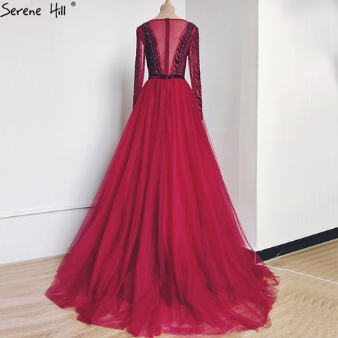 Wine Red A-Line Tulle Design Evening Dresses Long Sleeves Crystal Luxury Formal Dress 2025 LA70280