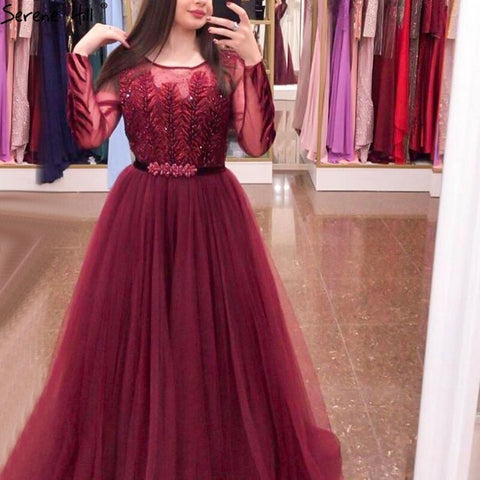 Wine Red A-Line Tulle Design Evening Dresses Long Sleeves Crystal Luxury Formal Dress 2025 LA70280