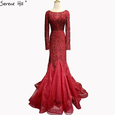 Wine Red Dubai Crystal O-Neck Evening Dresses Mermaid Sleeveless Luxury Formal Dress Real Photo LA60980