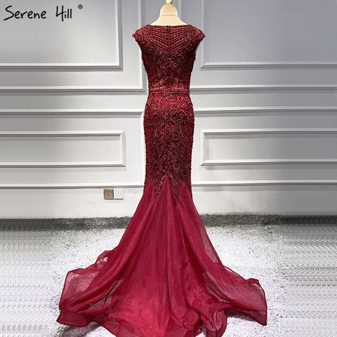 Wine Red Dubai Crystal O-Neck Evening Dresses Mermaid Sleeveless Luxury Formal Dress Real Photo LA60980