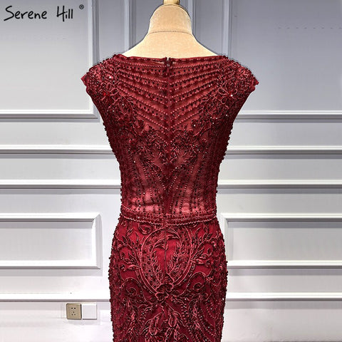 Wine Red Dubai Crystal O-Neck Evening Dresses Mermaid Sleeveless Luxury Formal Dress Real Photo LA60980