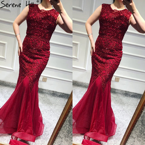 Wine Red Dubai Crystal O-Neck Evening Dresses Mermaid Sleeveless Luxury Formal Dress Real Photo LA60980