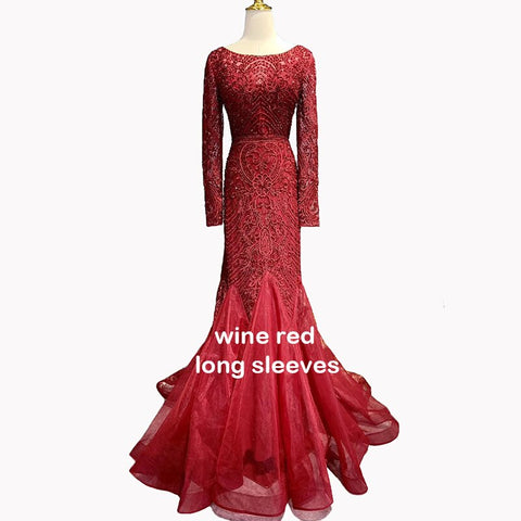Wine Red Dubai Crystal O-Neck Evening Dresses Mermaid Sleeveless Luxury Formal Dress Real Photo LA60980