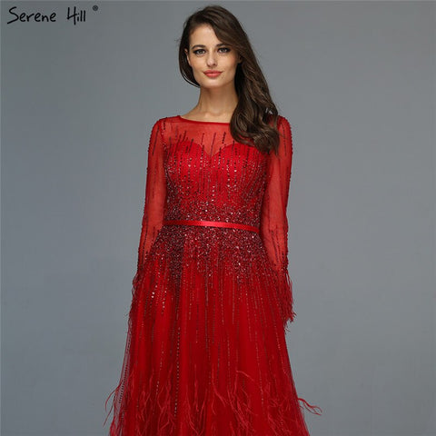 Pink  A-Line Dubai Design Feathers Long Sleeves Luxury Beaded Evening Dresses Gowns For Women Party 2025 LA60836