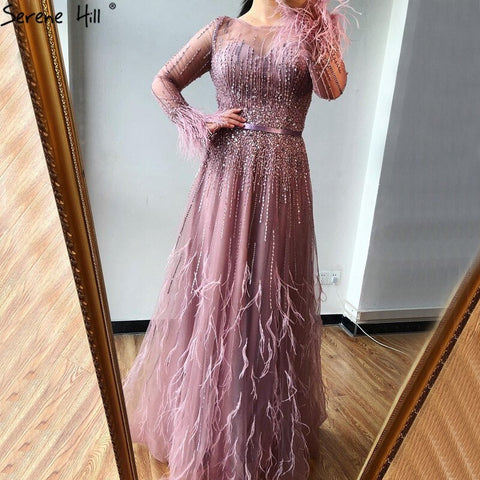 Pink  A-Line Dubai Design Feathers Long Sleeves Luxury Beaded Evening Dresses Gowns For Women Party 2025 LA60836