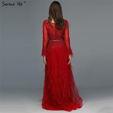 Pink  A-Line Dubai Design Feathers Long Sleeves Luxury Beaded Evening Dresses Gowns For Women Party 2025 LA60836