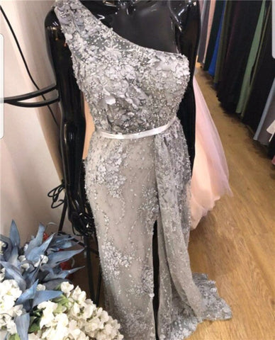 Wine Red Handmade Flowers Pearls Evening Dresses One-Shoulder Sexy Luxury Evening Gowns 2025 LA60901