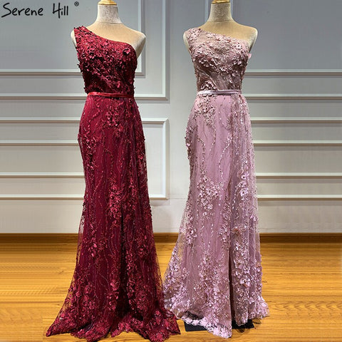 Wine Red Handmade Flowers Pearls Evening Dresses One-Shoulder Sexy Luxury Evening Gowns 2025 LA60901