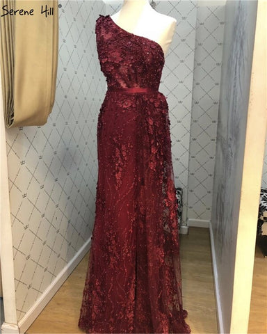 Wine Red Handmade Flowers Pearls Evening Dresses One-Shoulder Sexy Luxury Evening Gowns 2025 LA60901
