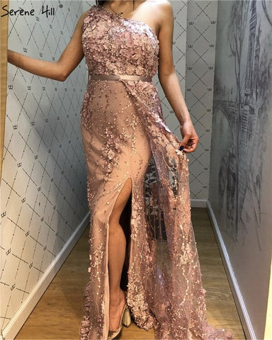 Wine Red Handmade Flowers Pearls Evening Dresses One-Shoulder Sexy Luxury Evening Gowns 2025 LA60901