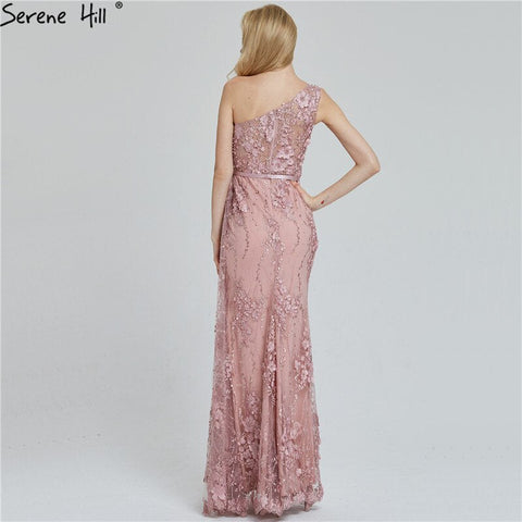Wine Red Handmade Flowers Pearls Evening Dresses One-Shoulder Sexy Luxury Evening Gowns 2025 LA60901