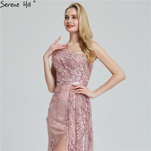 Wine Red Handmade Flowers Pearls Evening Dresses One-Shoulder Sexy Luxury Evening Gowns 2025 LA60901