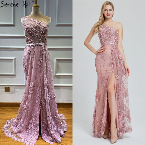 Wine Red Handmade Flowers Pearls Evening Dresses One-Shoulder Sexy Luxury Evening Gowns 2025 LA60901